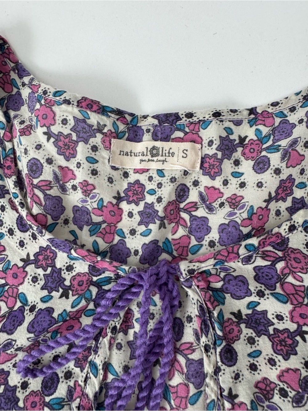 Natural Life Boho Maxi Dress S Purple Floral Tiered Tassel Cotton Cottagecore - Picture 6 of 10